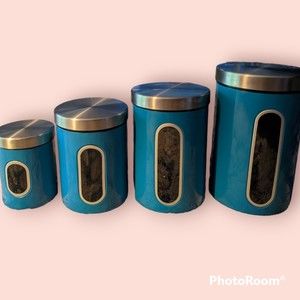 7th Avenue 4 Piece Storage Container Canisters With View Screw Lid Blue Silver